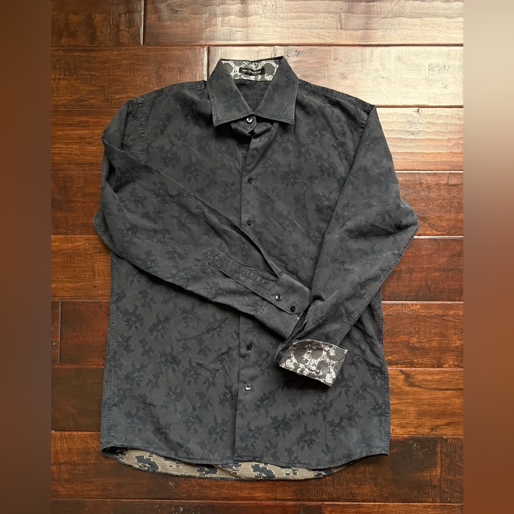 Lipson Black Tonal Floral Jacquard Cotton Sport Shirt Made in Canada